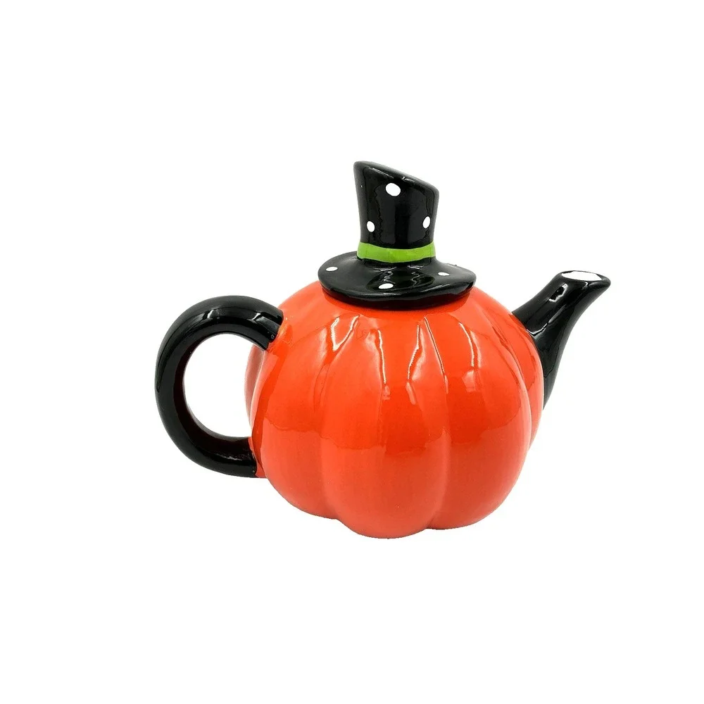 Jack O Lantern Lane Pumpkin Teapot Halloween Ceramic Decor Orange Black